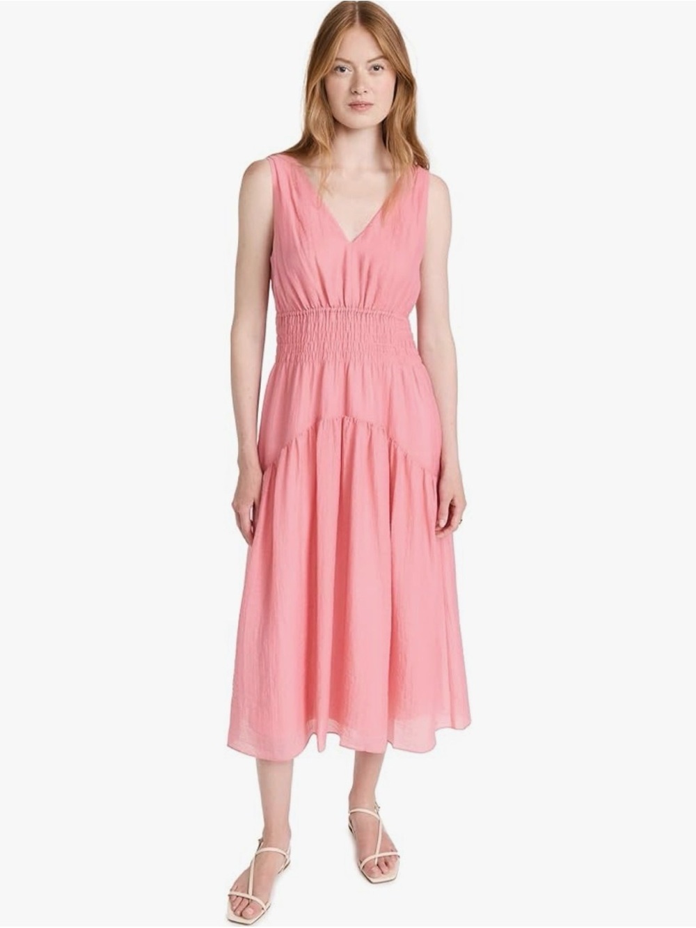 Vince Pink Sleeveless V-Neck Smocked Midi Dress